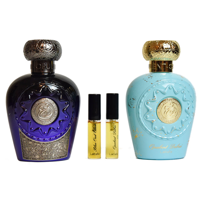 Set 2 Parfumuri Arabesti Lattafa Opulent 100ML, Opulent Dubai + Opulent Blue Oud Elixir + 2 Parfumuri Tester 4ML