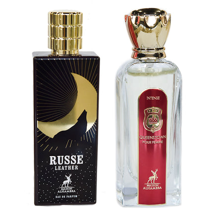 Set 2 Parfumuri Arabesti(1 Barbatesc + 1 de Dama) 80 ML si 100 ML, Russe Leather + Queenstown