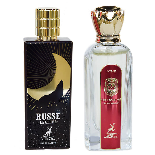 Set 2 Parfumuri Arabesti(1 Barbatesc + 1 de Dama) 80 ML si 100 ML, Russe Leather + Queenstown